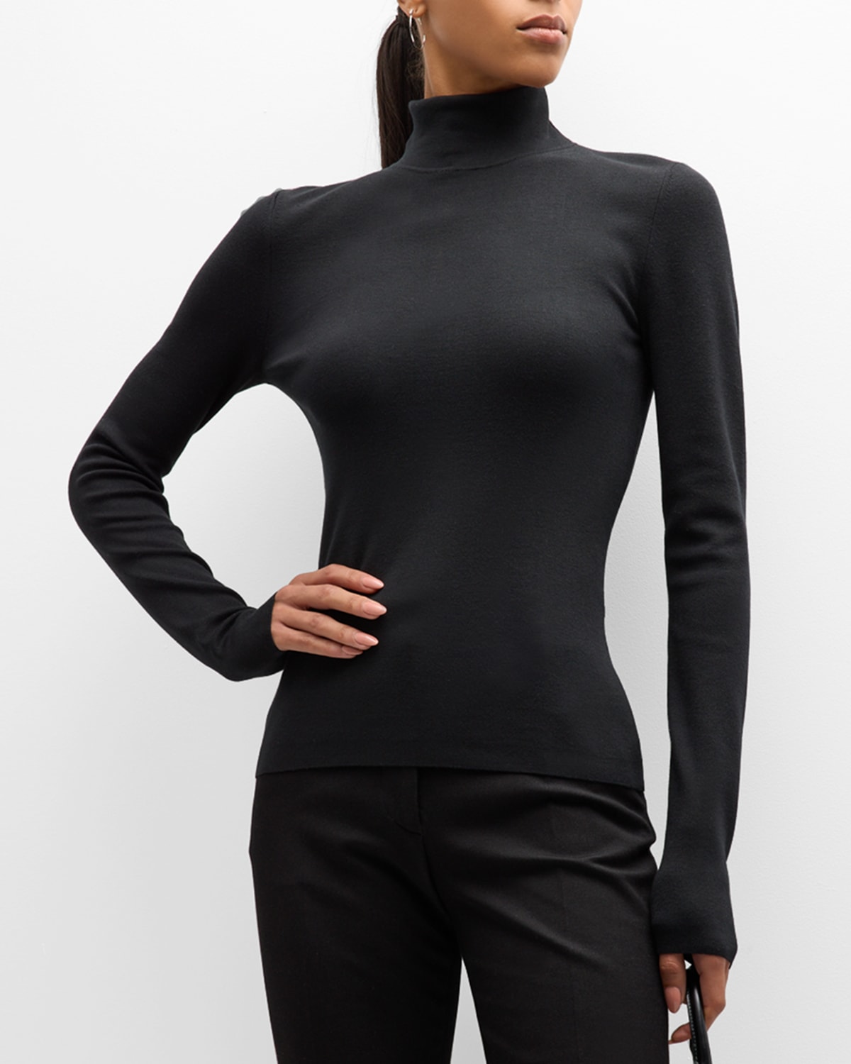 Long-Sleeve Stretch Silk Turtleneck Pullover