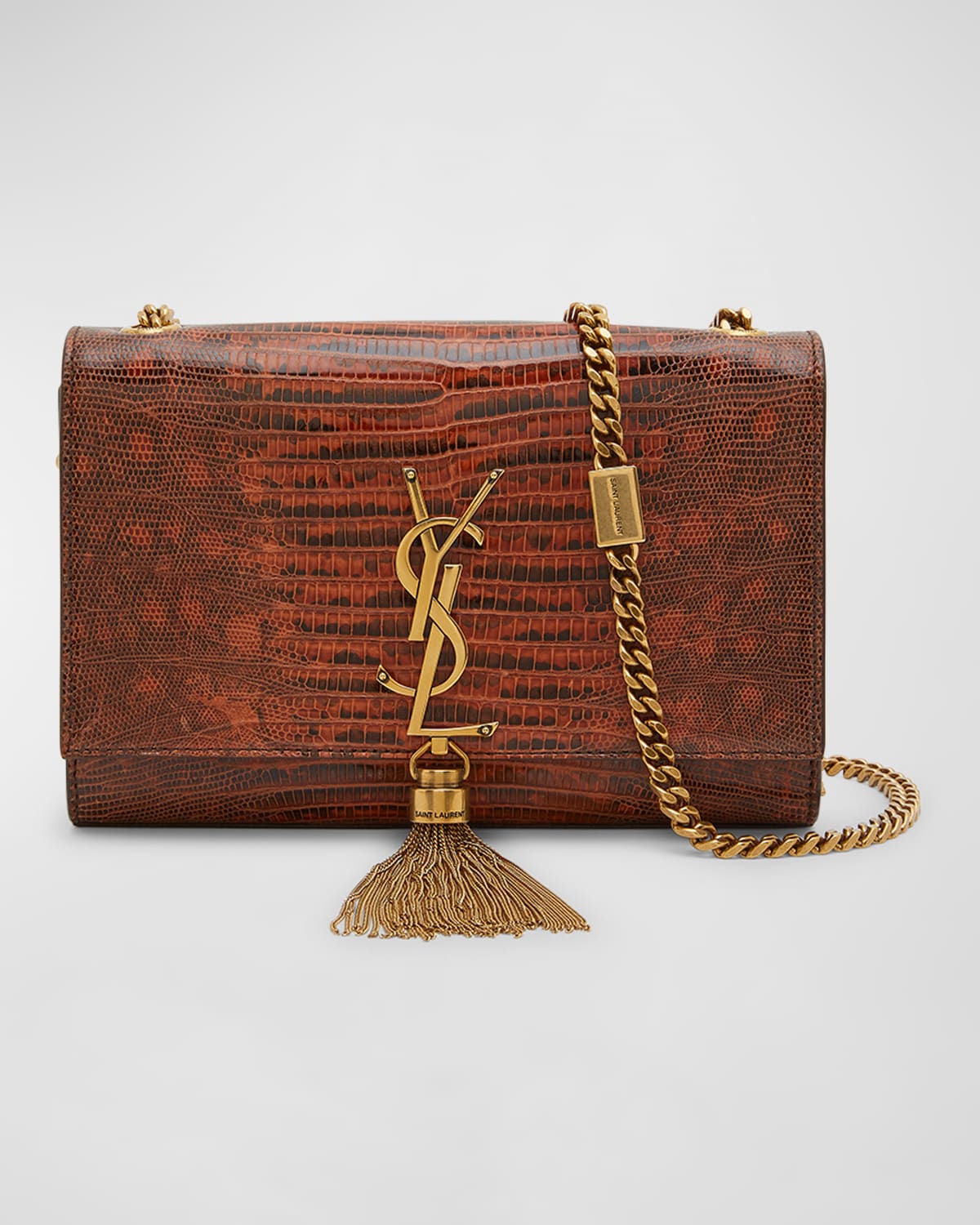 Saint Laurent Kate Small Tassel Ysl Wallet On Chain In Lizard-embossed Leather In Dark Brown