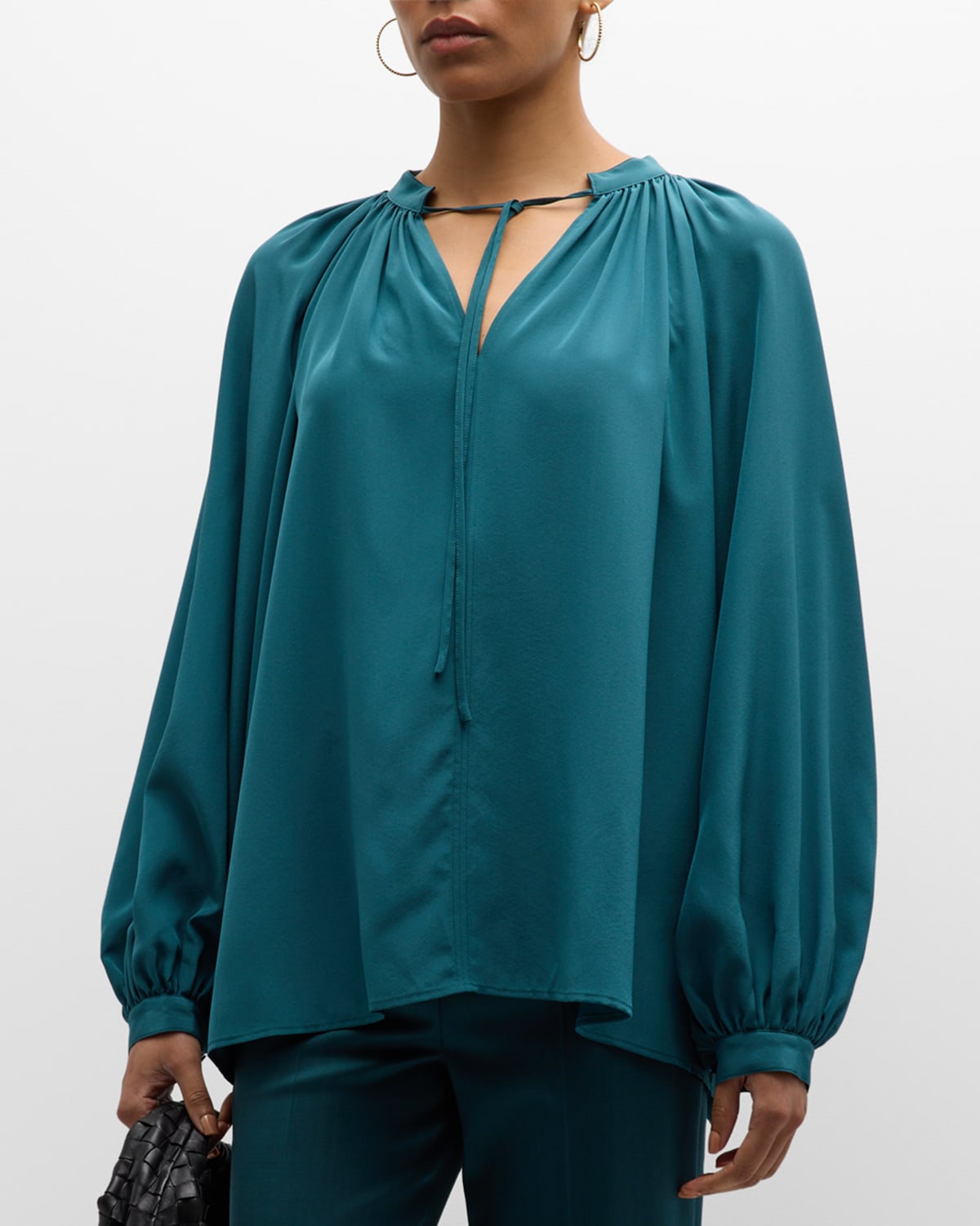 Shop Joseph Bartletts Ruched Blouson-sleeve Silk Blouse In Dark Teal