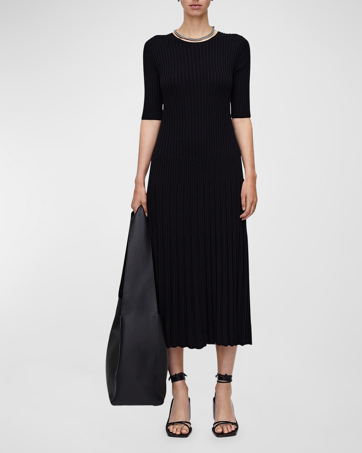 Shop Joseph Ribbed Elbow-sleeve Merino Wool Midi Dress In Black
