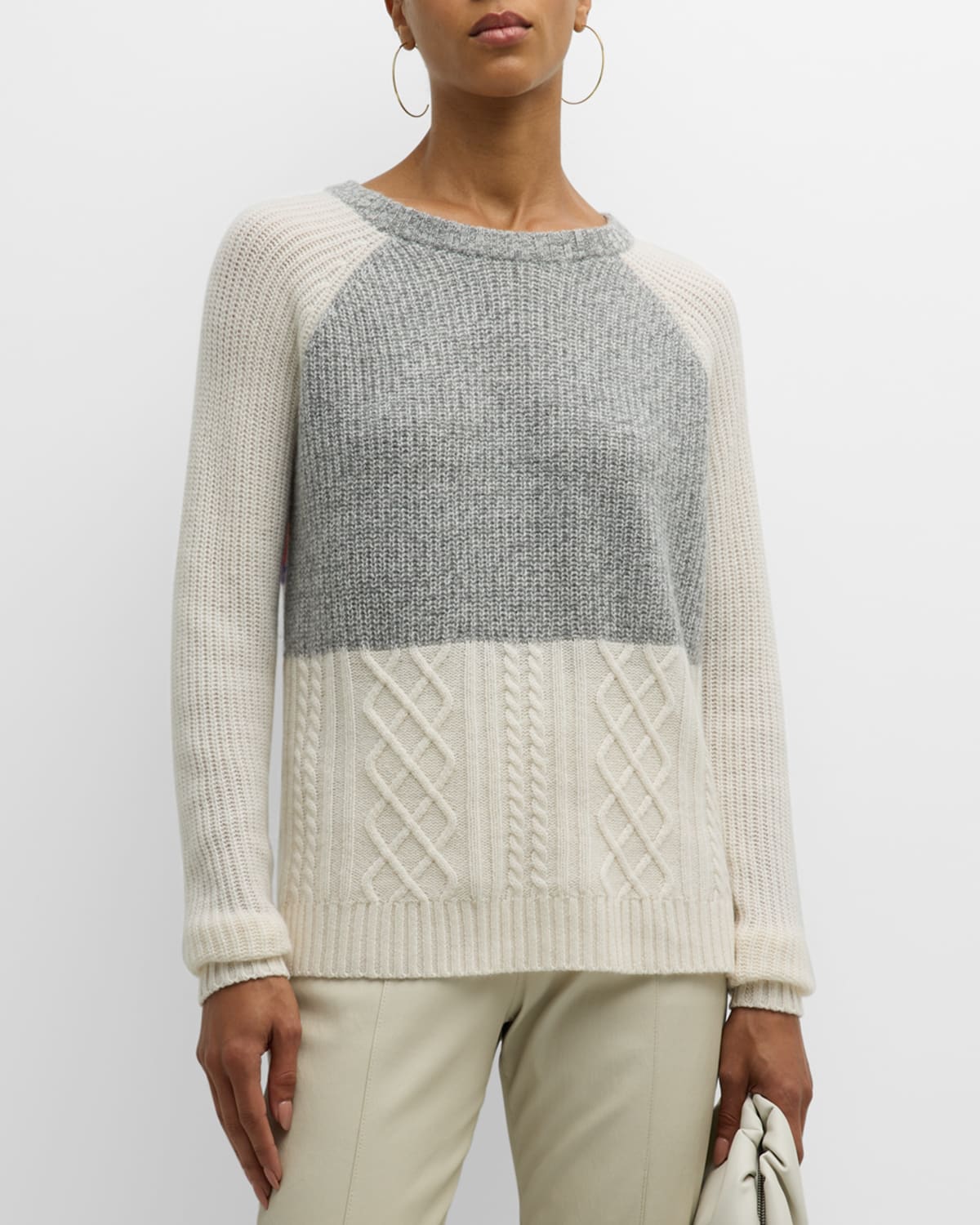 Striped-Back Colorblock Cable-Knit Sweater
