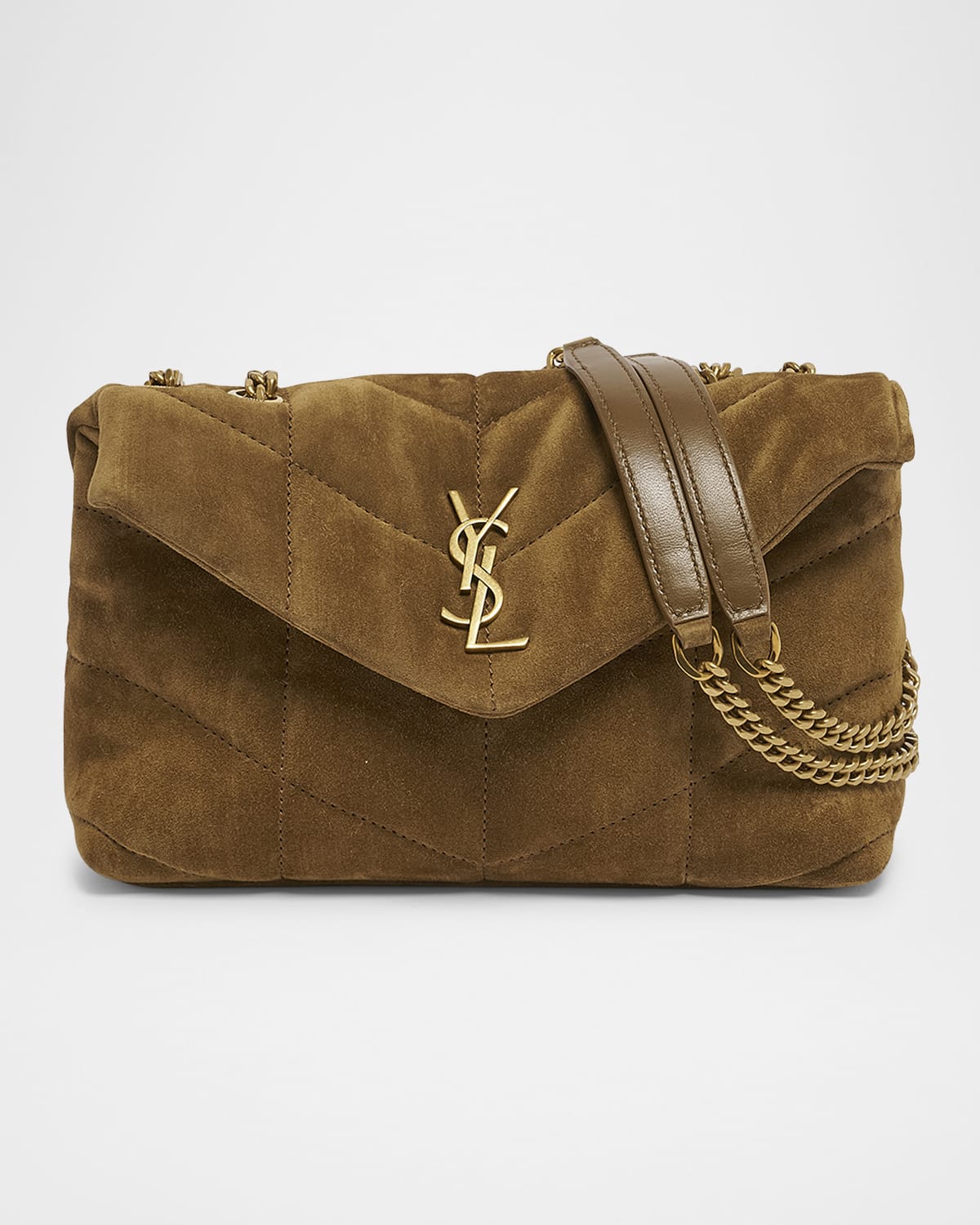 Saint Laurent Lou Puffer Toy Ysl Crossbody Bag In Quilted Suede In Golden Leaf