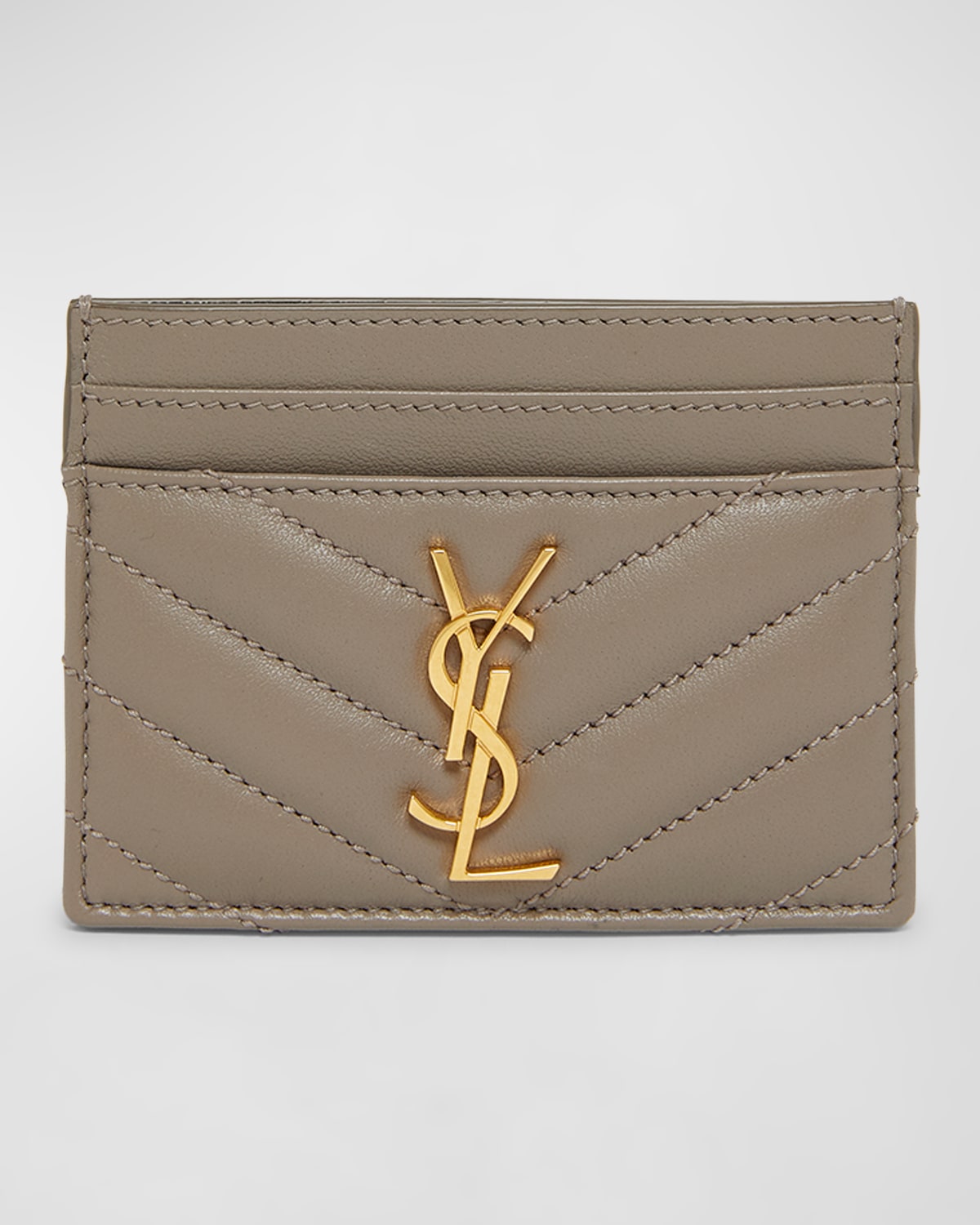 Saint Laurent Ysl Monogram Card Case In Quilted Smooth Leather In Greyish Brown