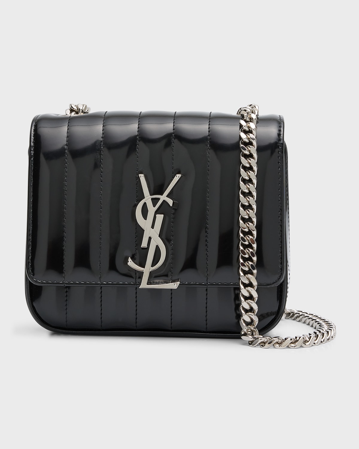 Saint Laurent Vicky Small Quilted Patent Chain Shoulder Bag In 1000 Nero