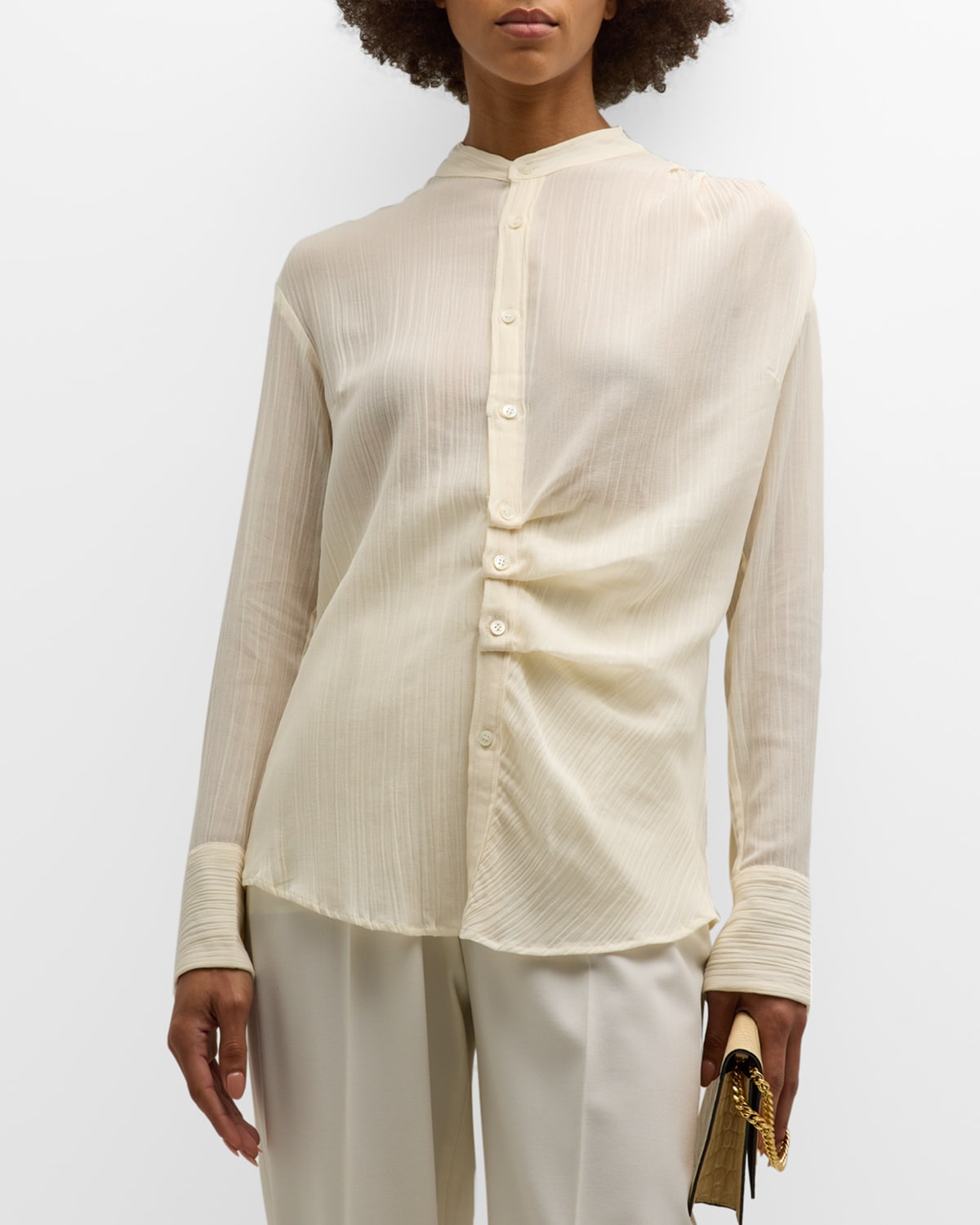 Button-Front Crinkled Georgette Shirt