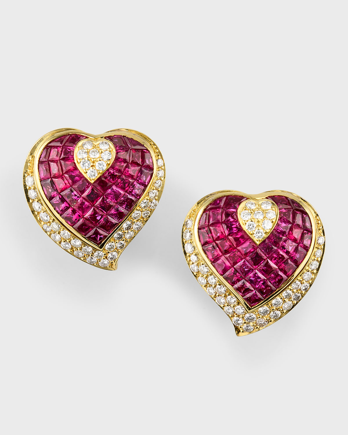 Nm Estate Estate 18k Yellow Gold Pave Diamond And Invisible Set Ruby Heart Earrings