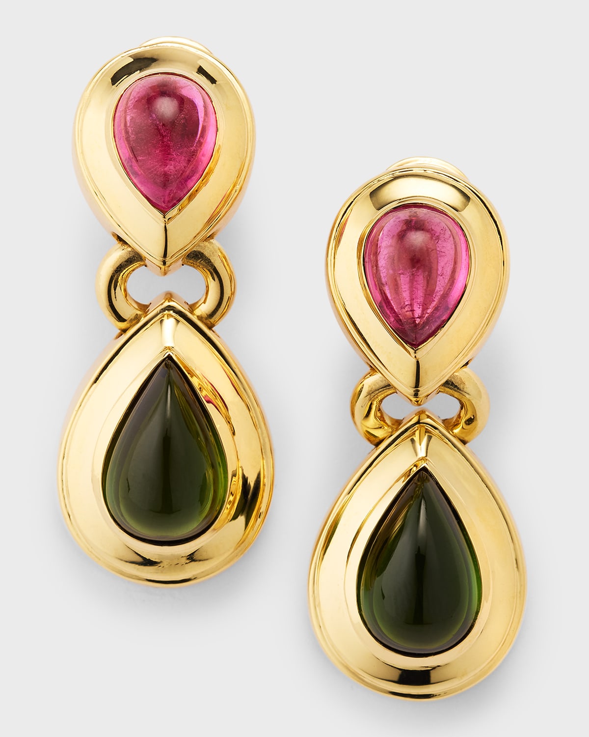 Nm Estate Estate 18k Yellow Gold 2 Pear-shaped Drop Earrings With Pink And Green Tourmaline