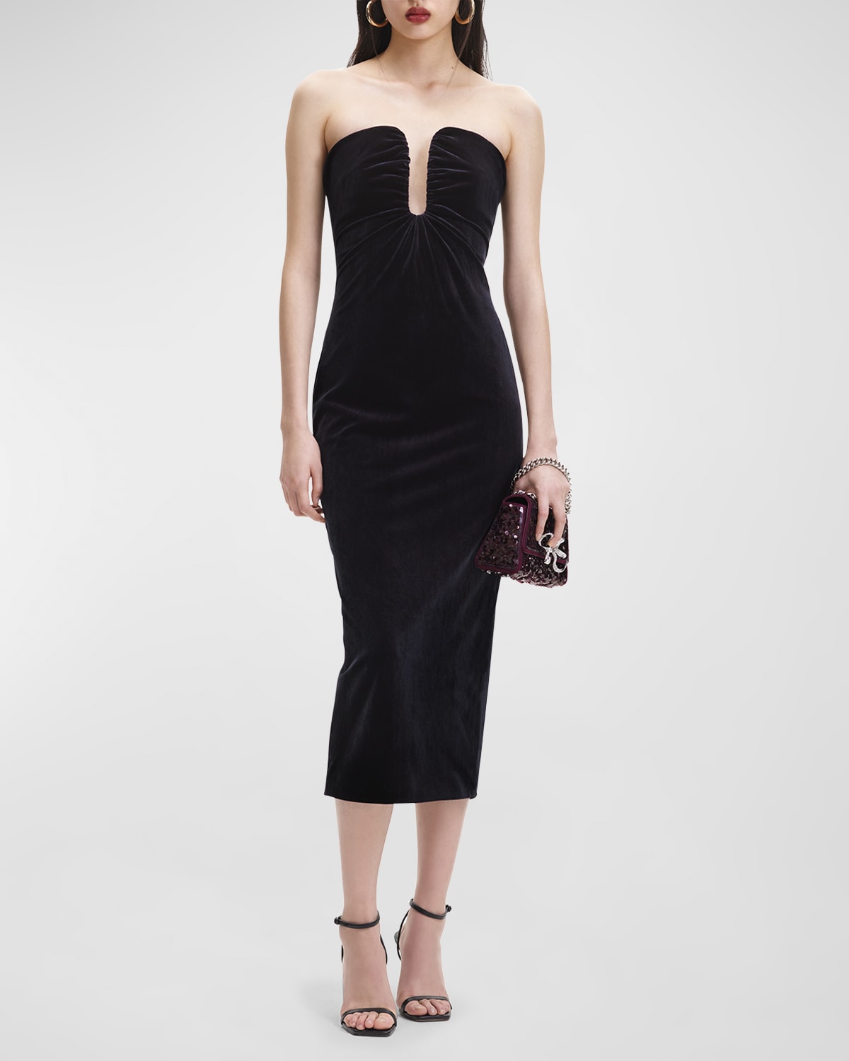 Shop Self-portrait Notched Strapless Velvet Midi Dress In Black