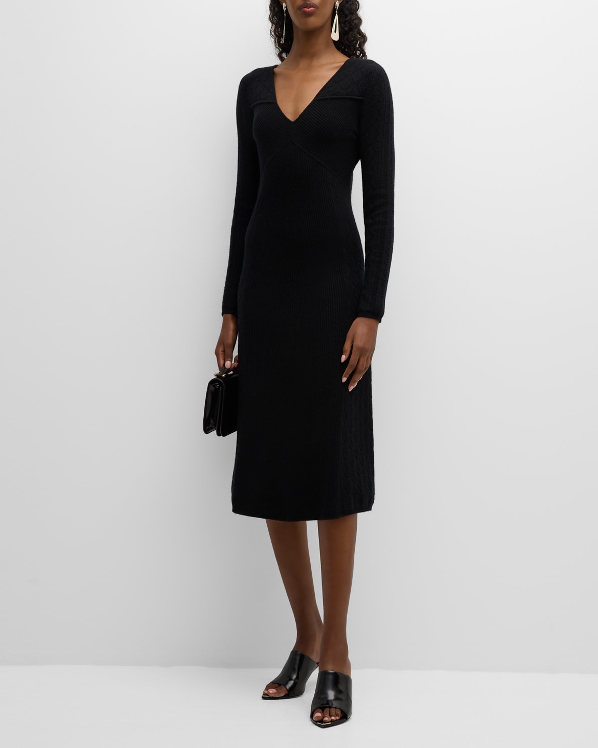 Tse Cashmere Mixed-stitch A-line Midi Dress In Black