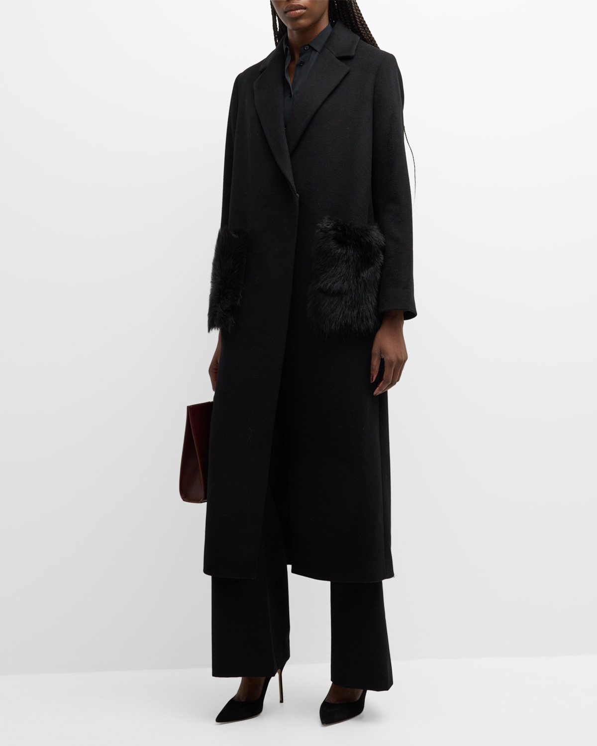 KOBI HALPERIN LONG NOTCHED-COLLAR SHEARLING & WOOL-BLEND COAT