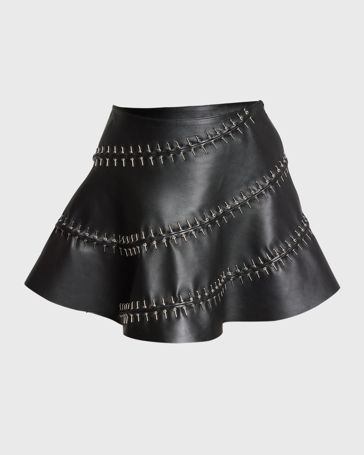 Grommet Embroidered Leather Mini Skater Skirt