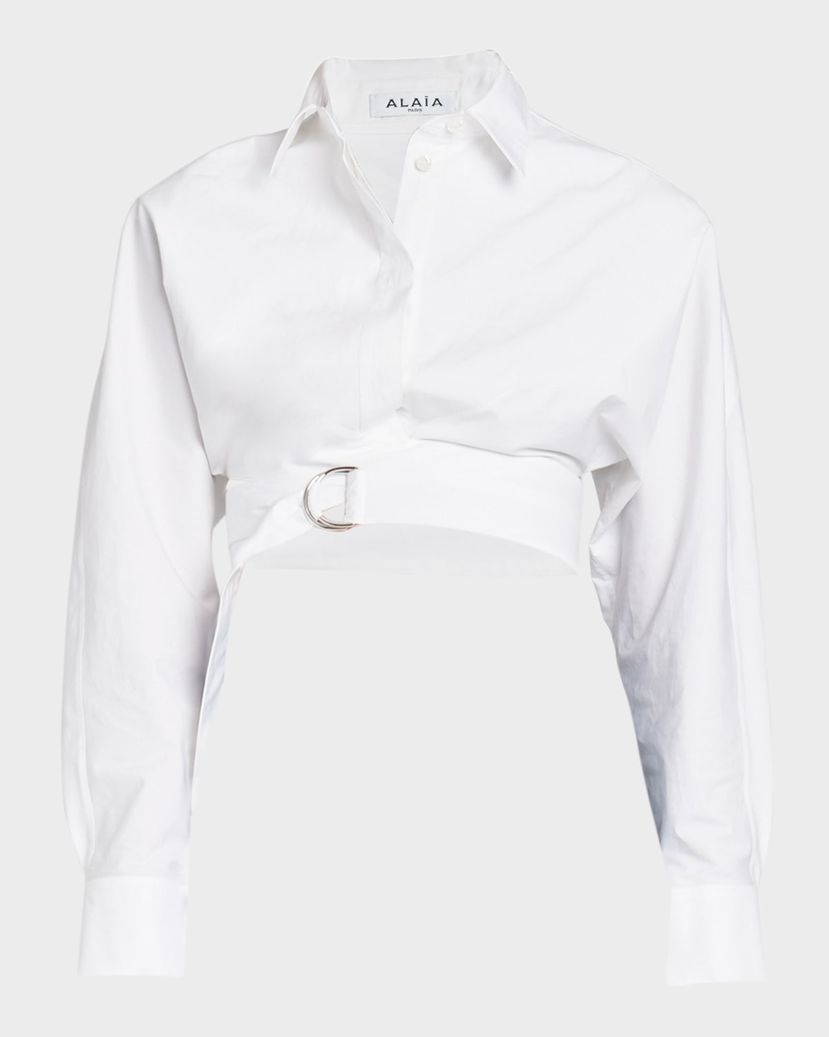 Alaïa Crossover Waist Crop Collared Shirt In Blanc