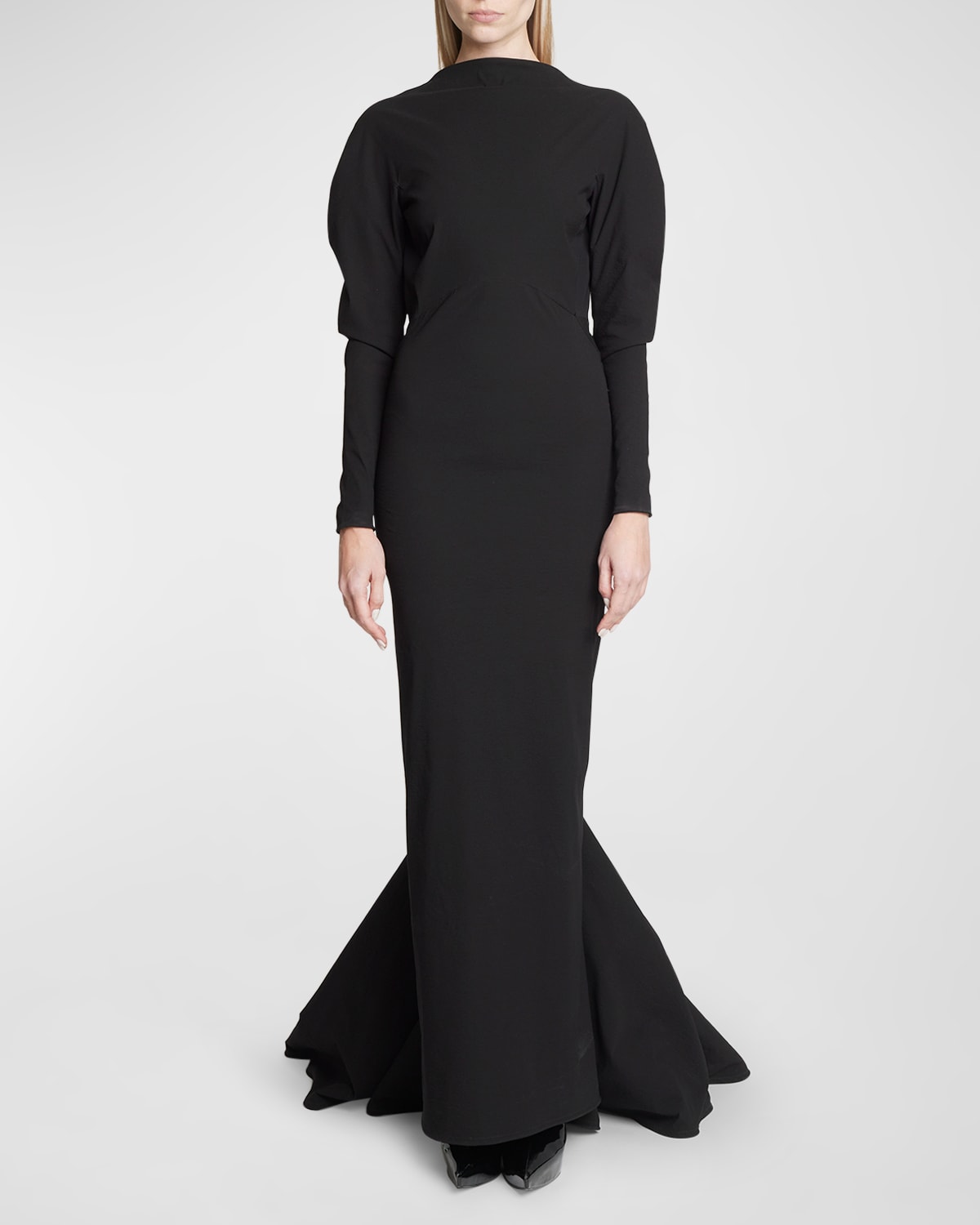 Cuff Gathered V-Back Curved-Sleeve Train Gown