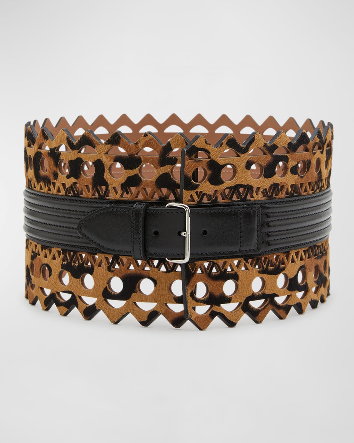 Leopard-Print Lasercut Cowhide Leather Corset Belt