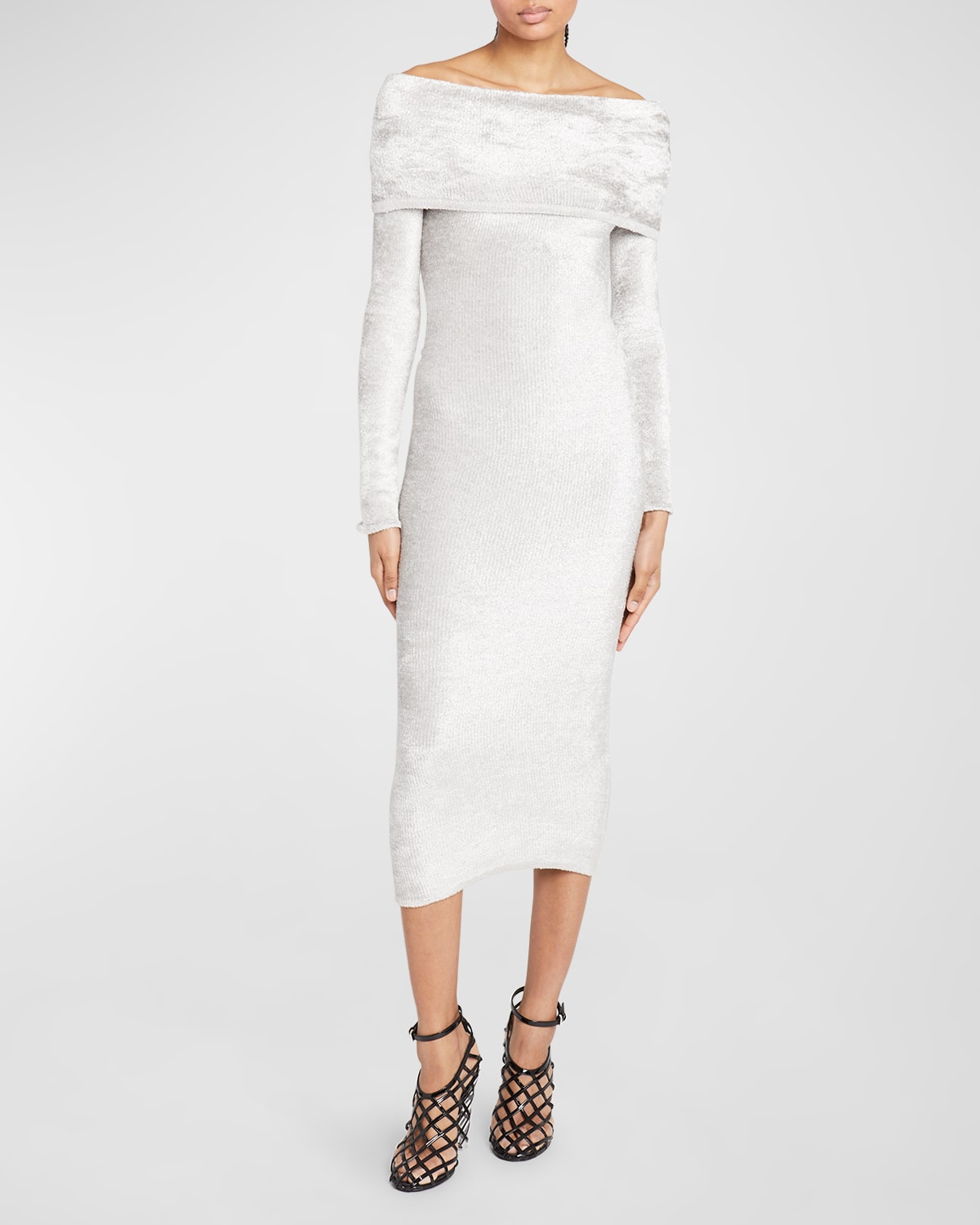 Foldover Off-The-Shoulder Fuzzy Knit Midi Dress