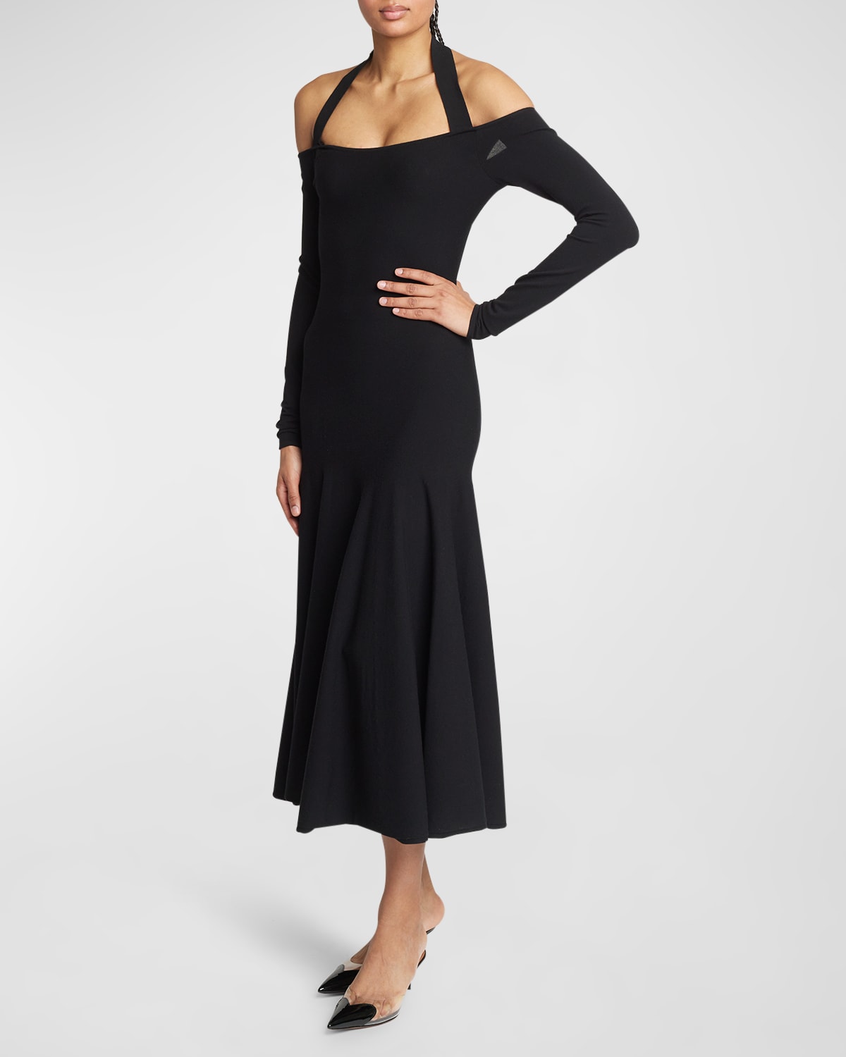 Alaïa Off-the-shoulder Fit-&-flare Halter Midi Dress In Noir Alaia