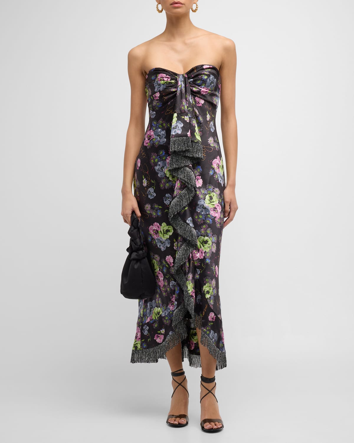 Cinq a Sept Elise Floral Strapless Fringe Trim Midi Dress Smart
