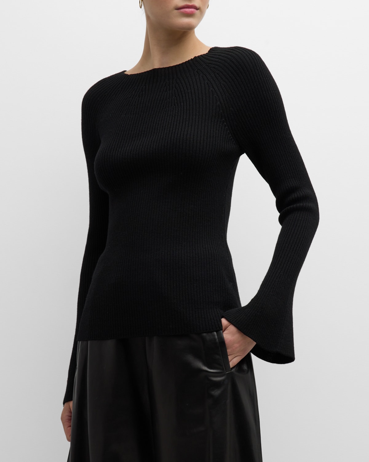 Shop Kobi Halperin Mercer Flare-sleeve Ribbed Wool Sweater In Black