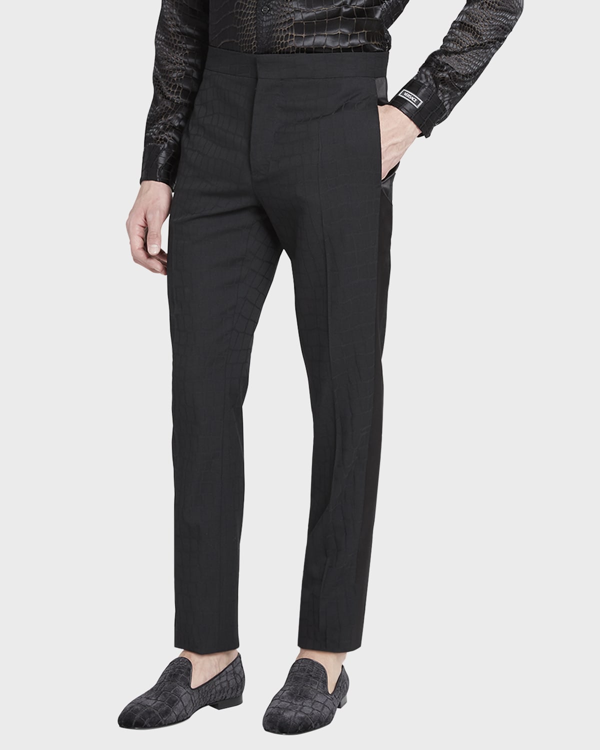 Shop Versace Men's Crocodile Jacquard Evening Pants In Black