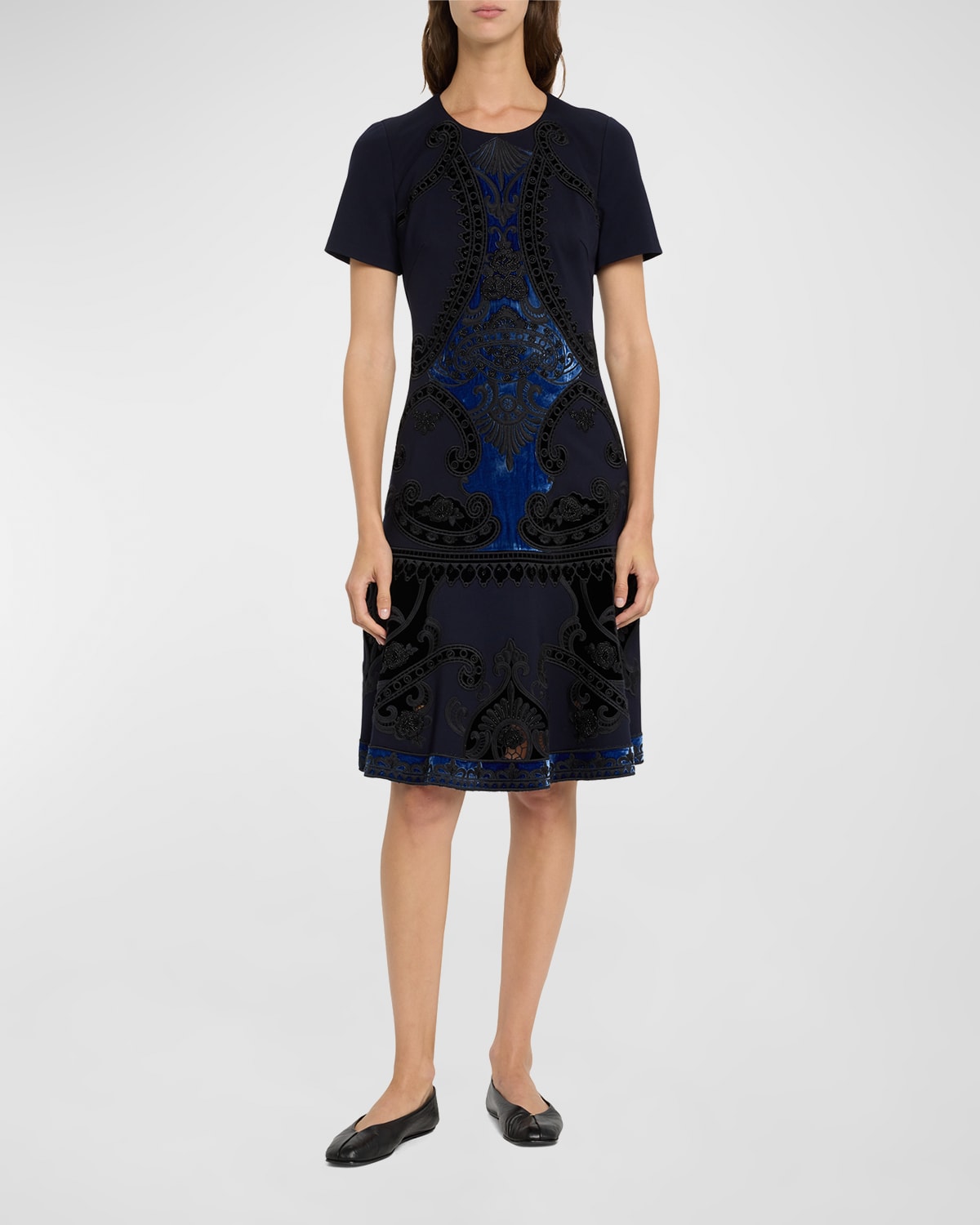 Blaine Velvet Embroidered Short-Sleeve Dress