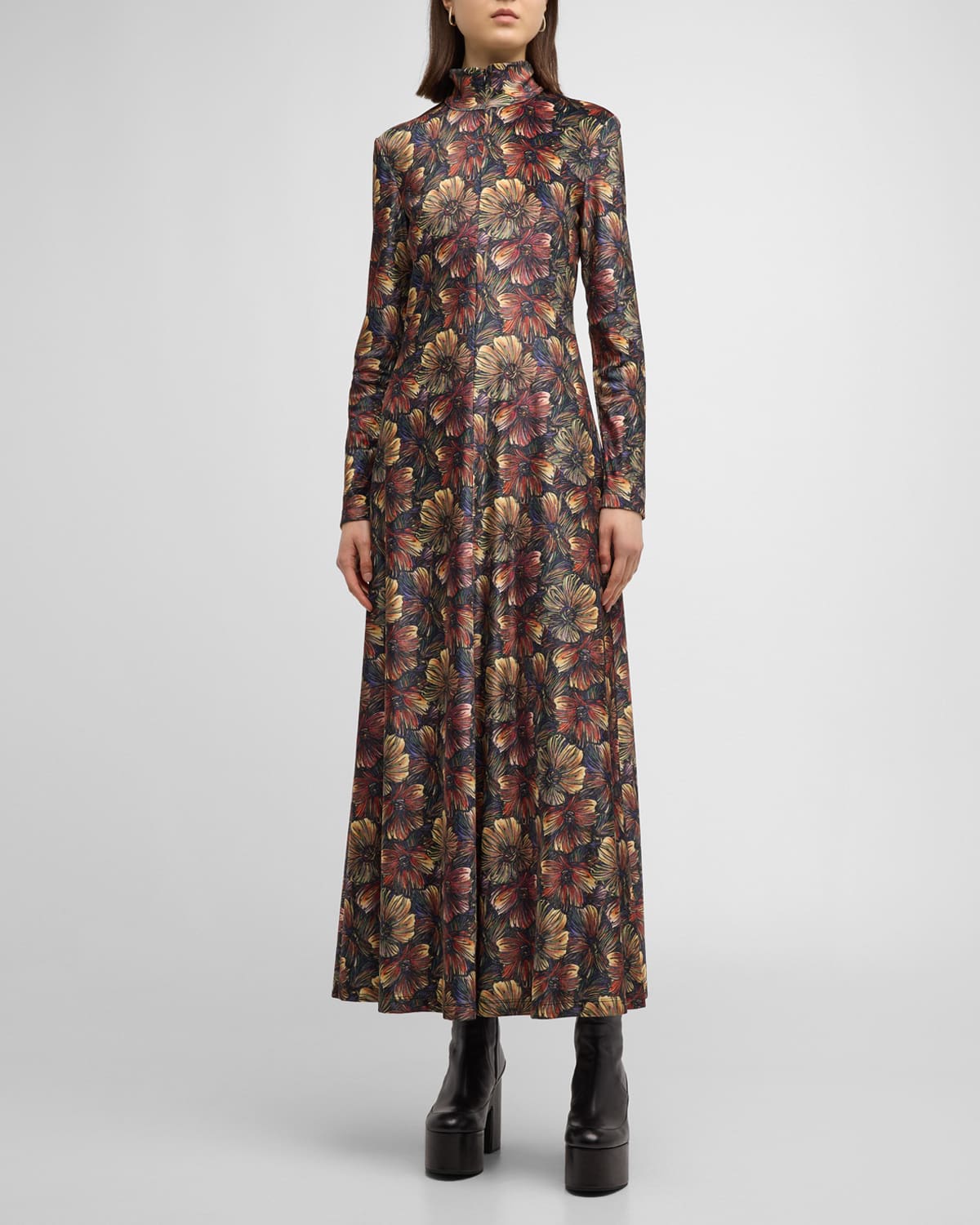 Rosetta Getty Floral-print Velvet Jersey Zip-up Turtleneck Maxi Dress In Neutral