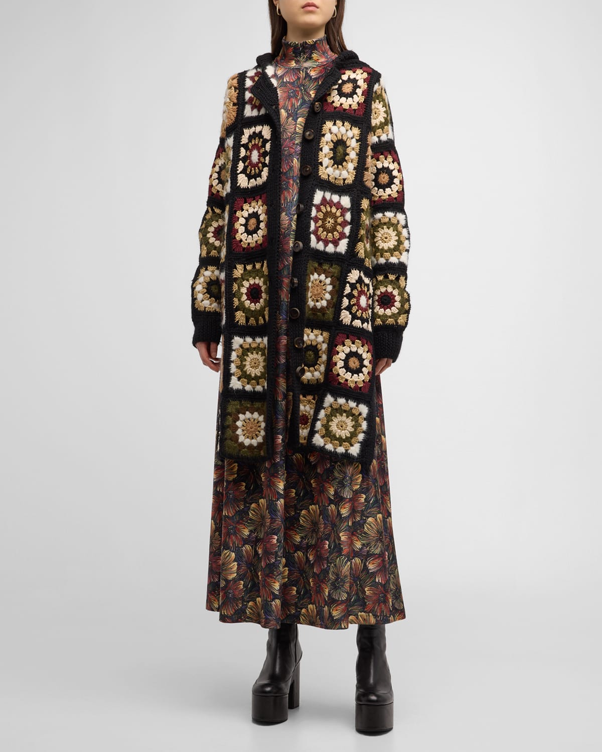 Rosetta Getty Granny Square Crochet Wool Cardigan In Black Multi