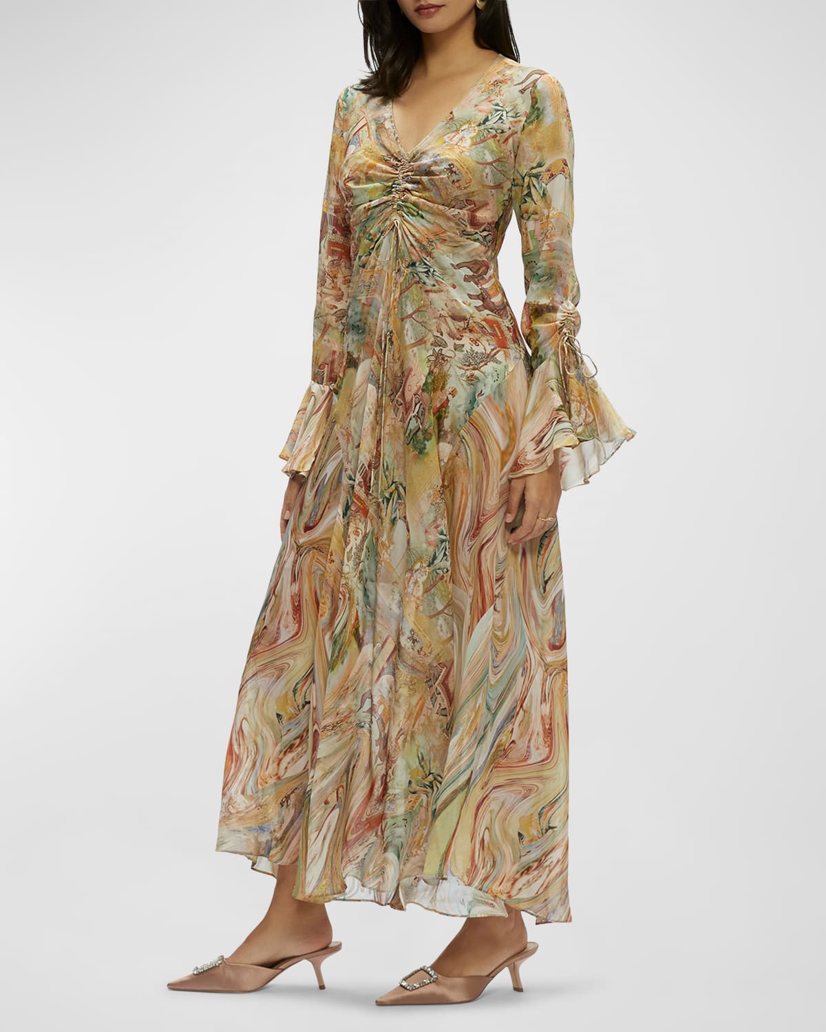 Robert Graham Diana Ruched Graphic-print A-line Maxi Dress In Neutral