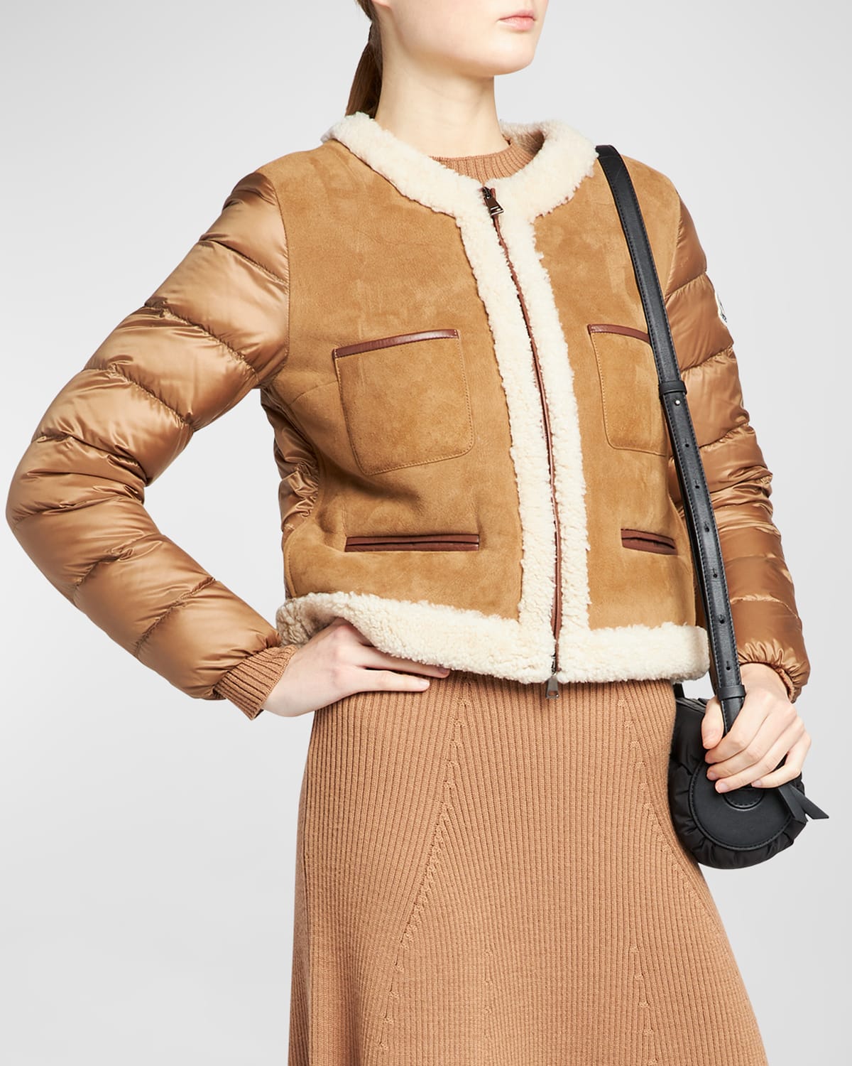 Moncler Vidourle Suede Short Jacket With Shearling Lining In Brown