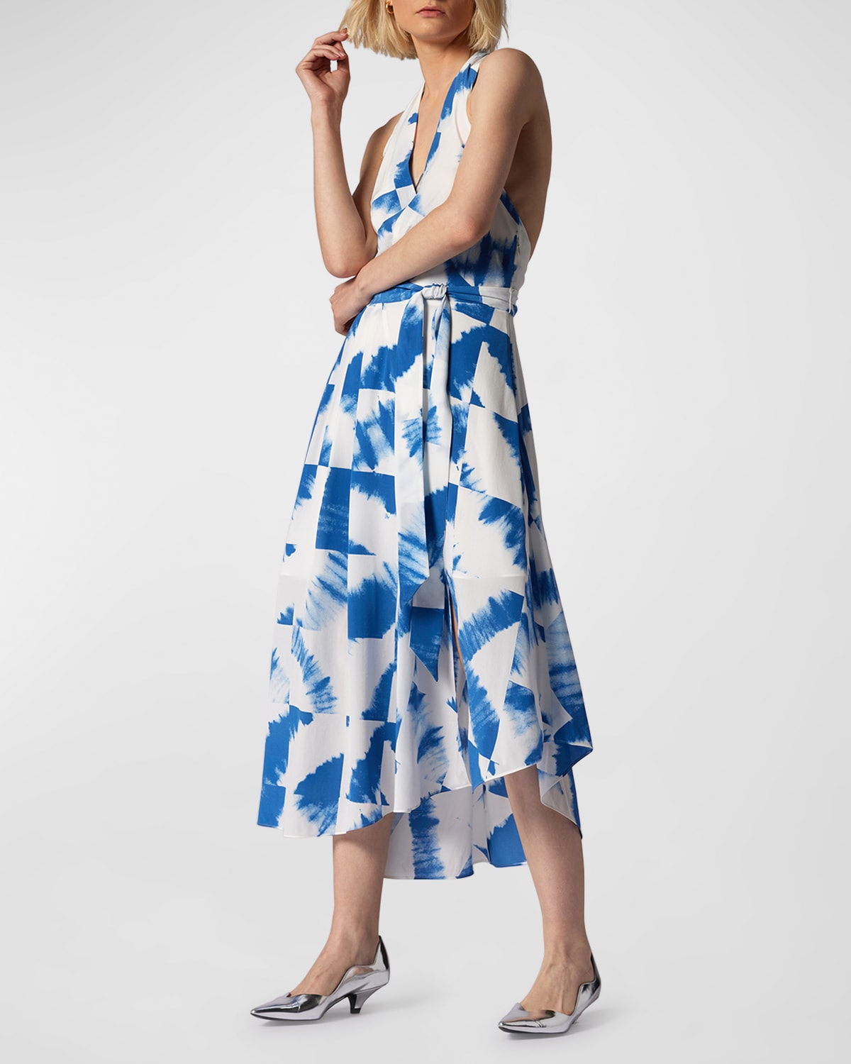 Equipment Alejandra Tie-dye Twist-back Halter Midi Wrap Dress In Bright Cobalt Mul