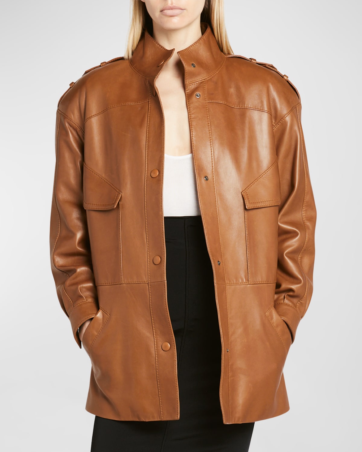 Belted Strong-Shoulder Leather Parka Jacket