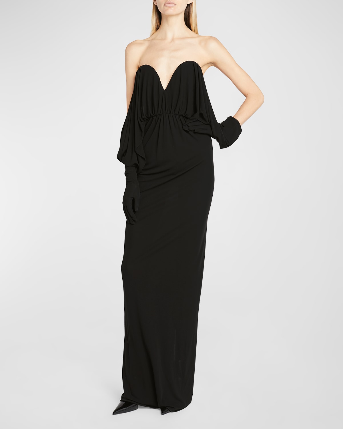 Shop Saint Laurent Off-shoulder Gown With Glove Sleeves In Nero