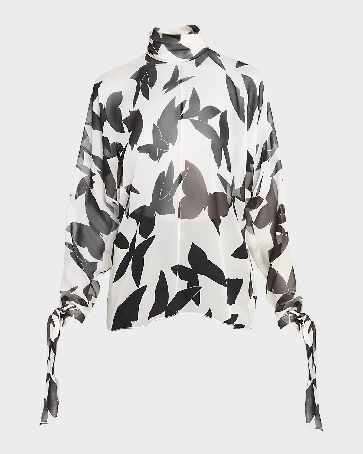 Saint Laurent Butterfly Print Silk Blouse With Tie Cuffs In Natural-bl