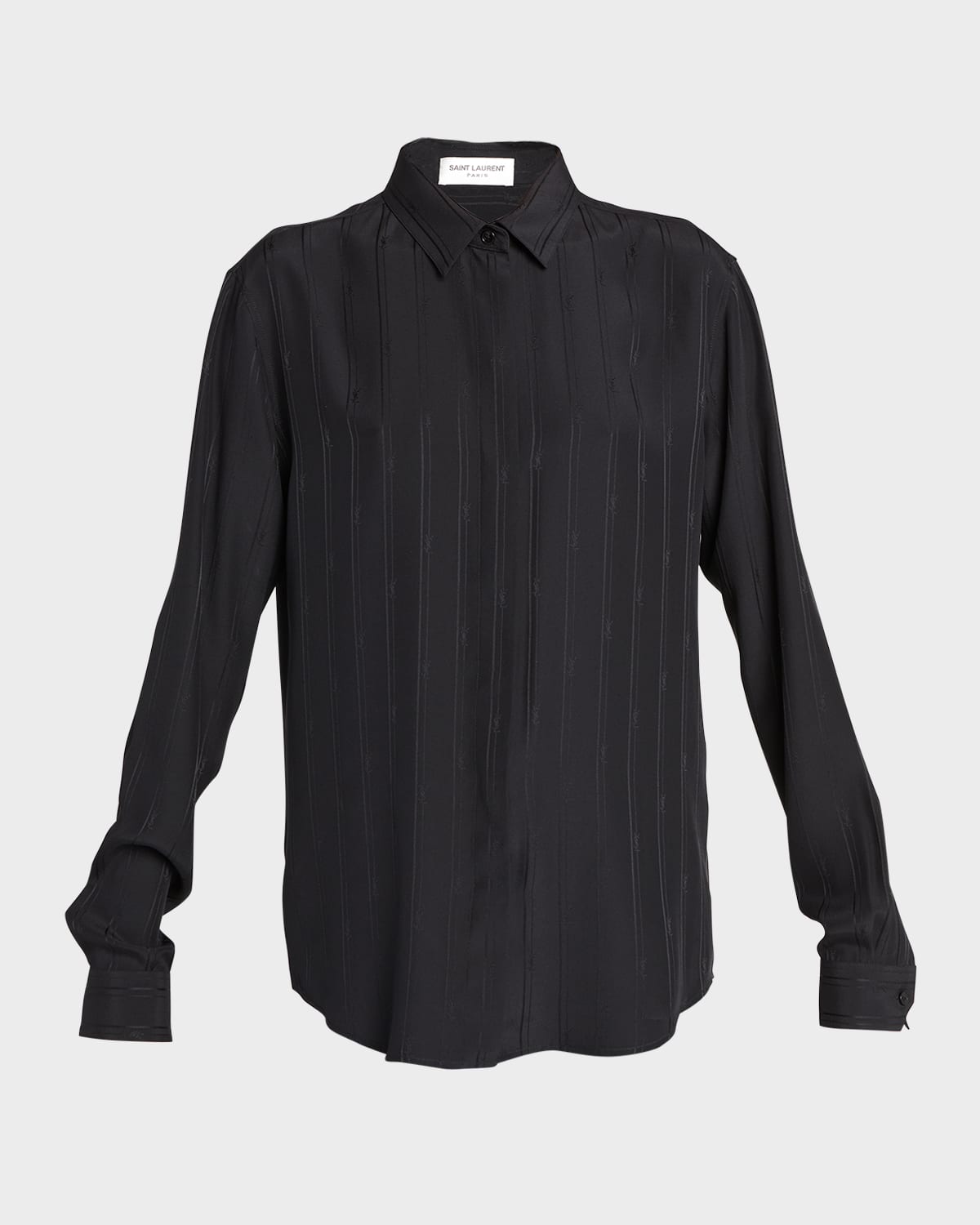 Shop Saint Laurent Silk Button-front Shirt With Logo Stripes In Nero