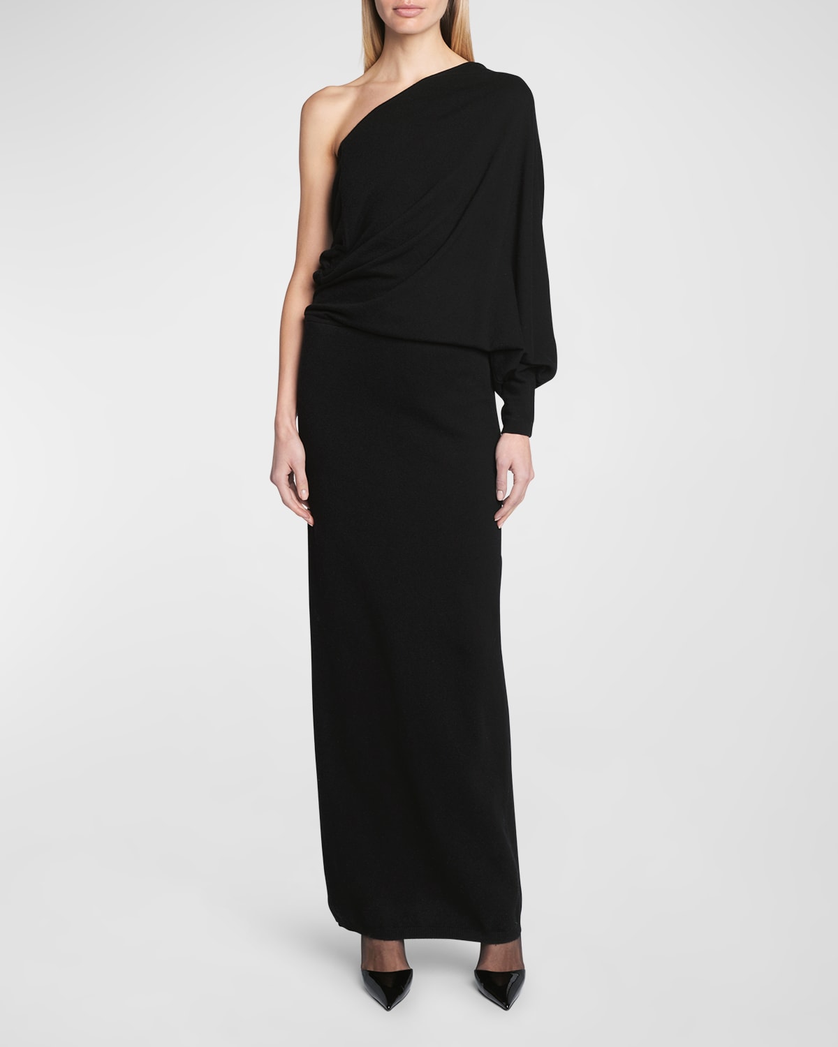 Saint Laurent One-sleeve Draped Cashmere Maxi Dress In Black