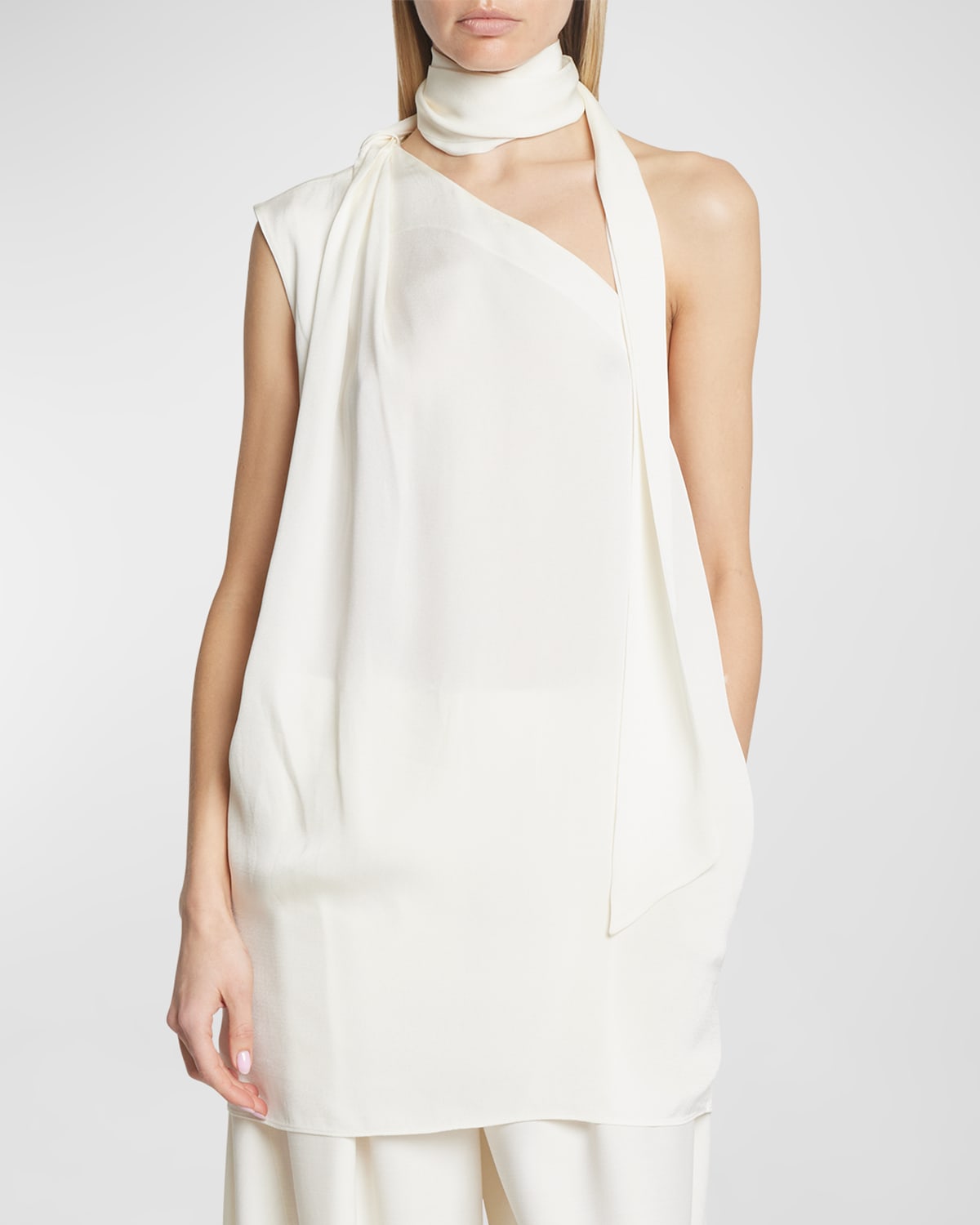 Silk Scarf neck One shoulder Top In Cream