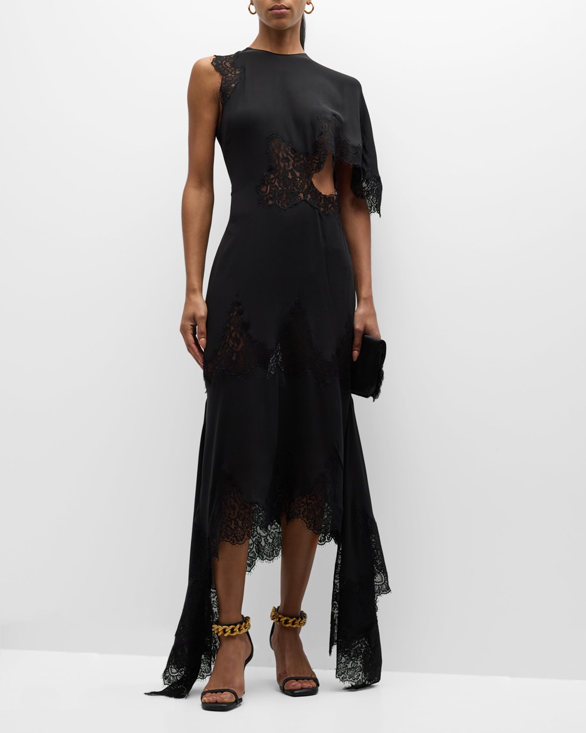 Stella Mccartney One-shoulder High-low Dress With Lace Detail In 1000 Black