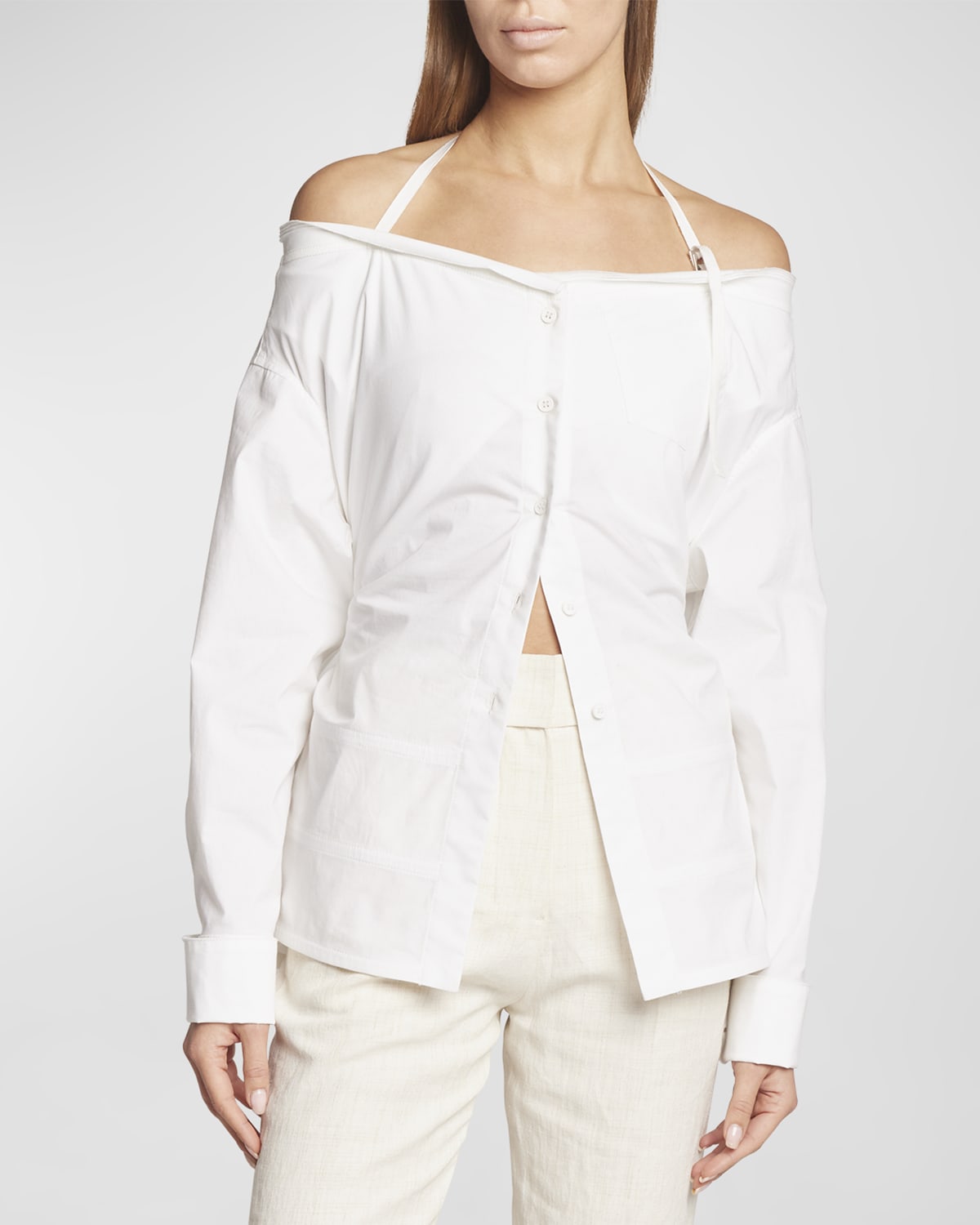 Jacquemus Off-shoulder Halter Button-front Shirt In White