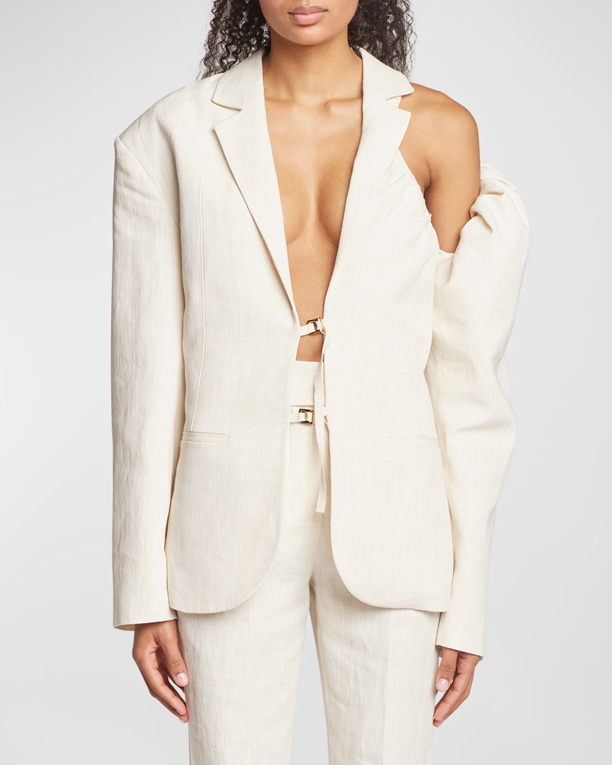 Shop Jacquemus Linen Blazer Jacket With Off-shoulder Puff Sleeve In Off White