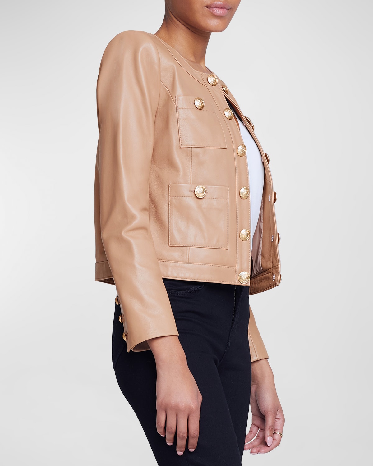 Shop L Agence Jayde Collarless Leather Jacket In Dark Cappuccino