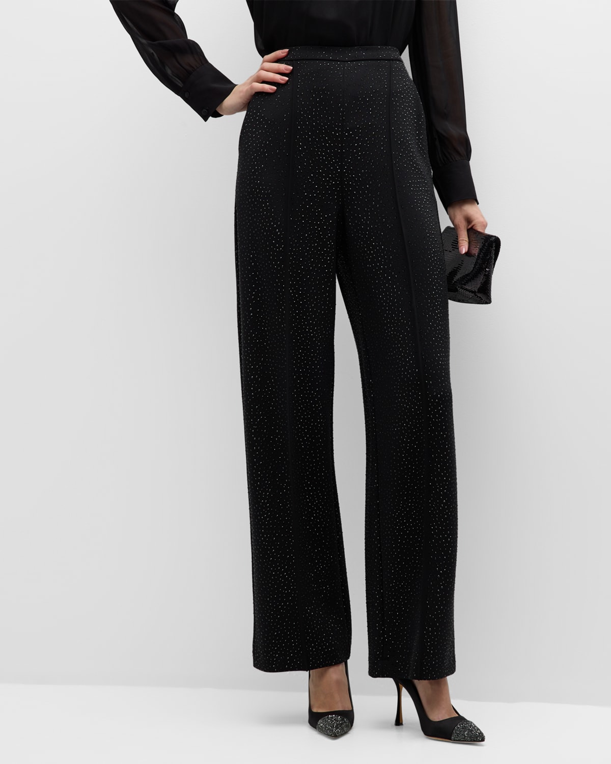 Giorgio Armani Crystal Embellished Viscose Trousers In Solid Black