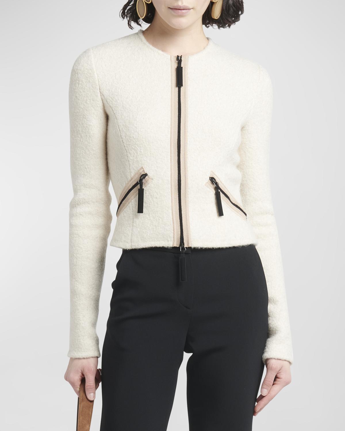 Giorgio Armani Contrast Grosgrain Zip-front Cashmere Silk Jacket In Solid Medium Beig