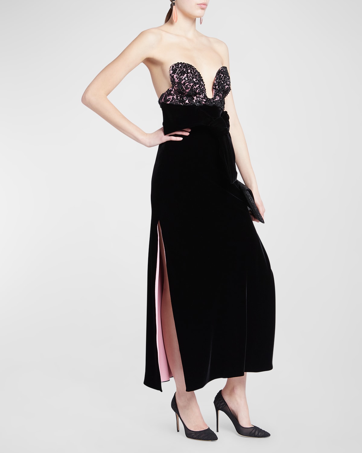 Crystal Lace Bustier Cowl-Back Slits Velvet Gown