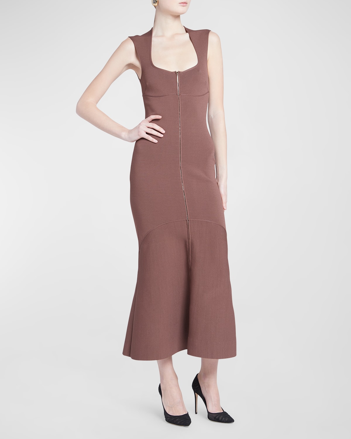 Zip-Front Knit Midi Dress