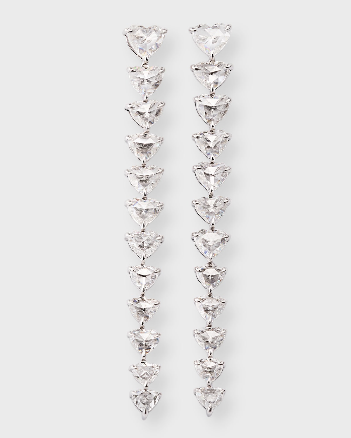 18K White Gold Heart Diamond Drop Earrings, 2"L