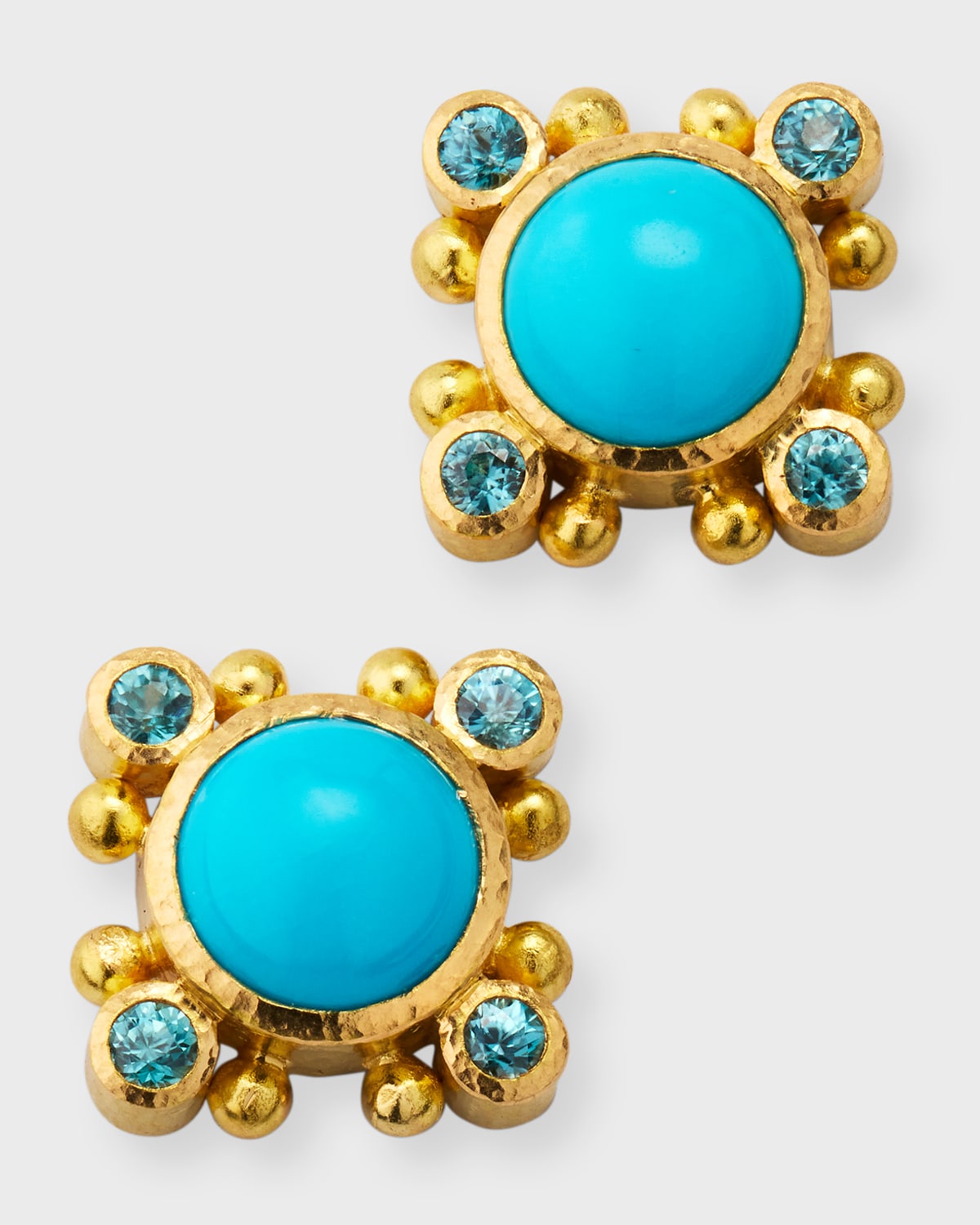 19K Round Turquoise Stud Earrings with Blue Zircon