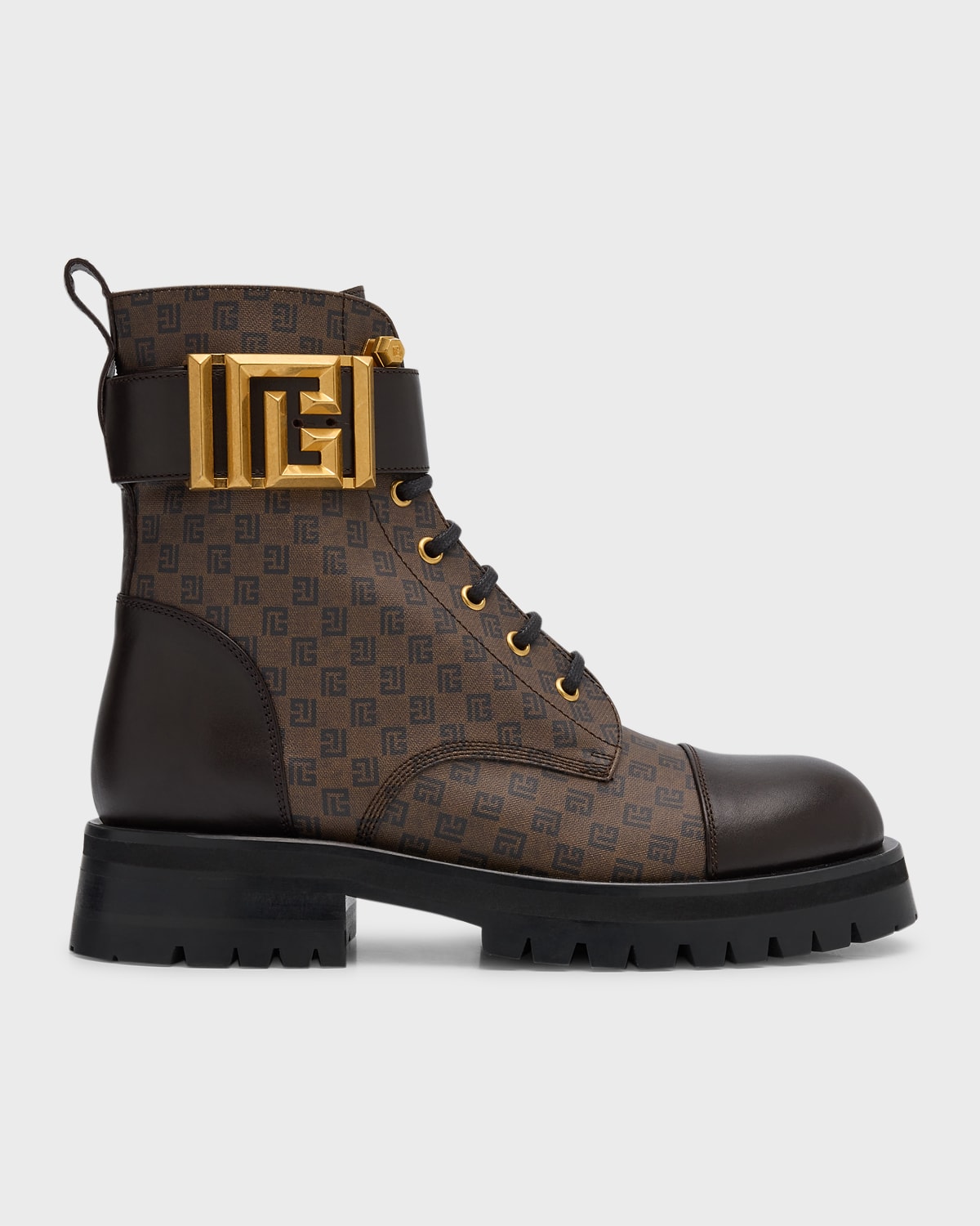 Shop Balmain Charlie Monogram Lace-up Army Booties In Marron Fonce