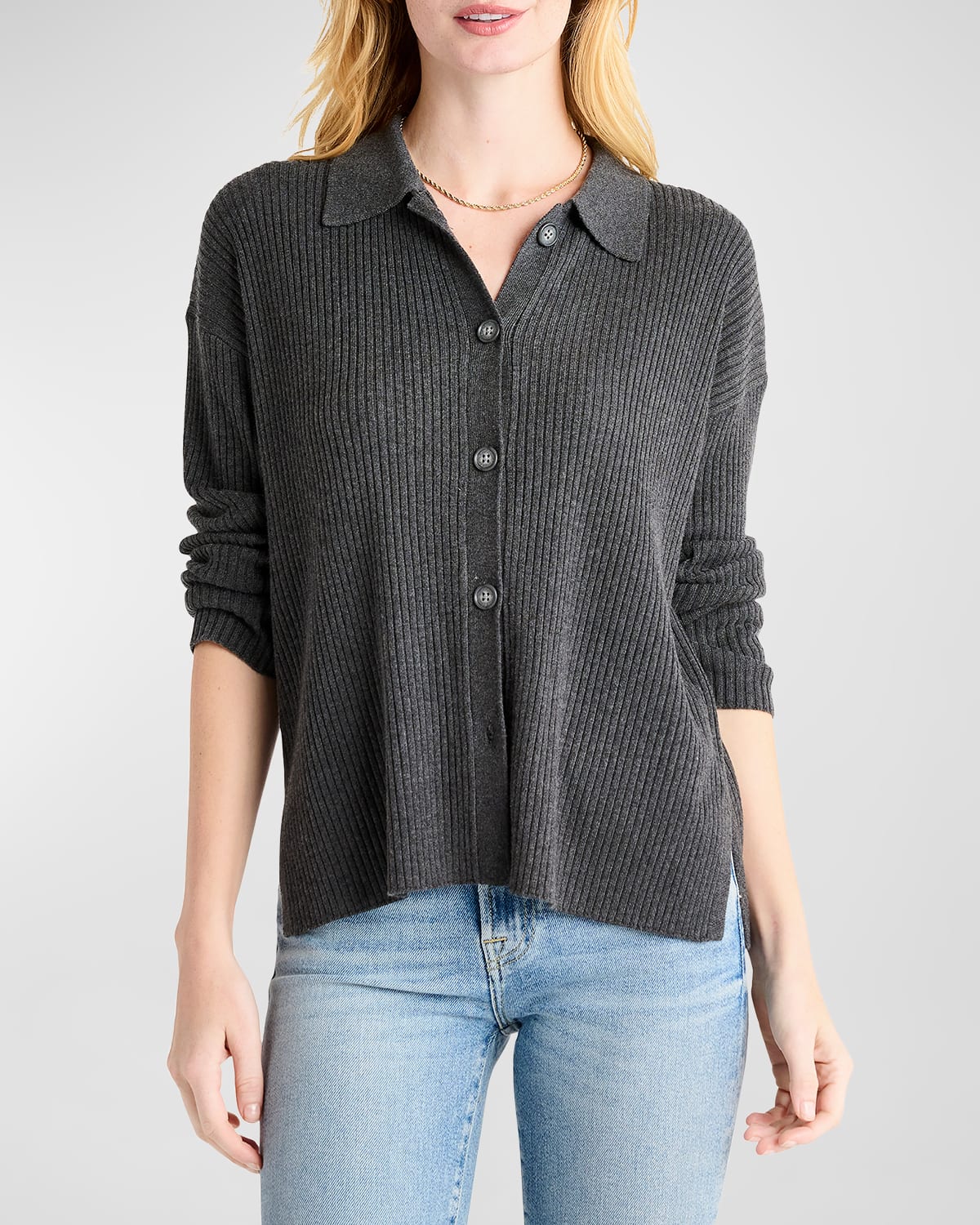 Splendid Georgie Elbow Sleeve Rib Button-up Sweater In Heather Charcoa