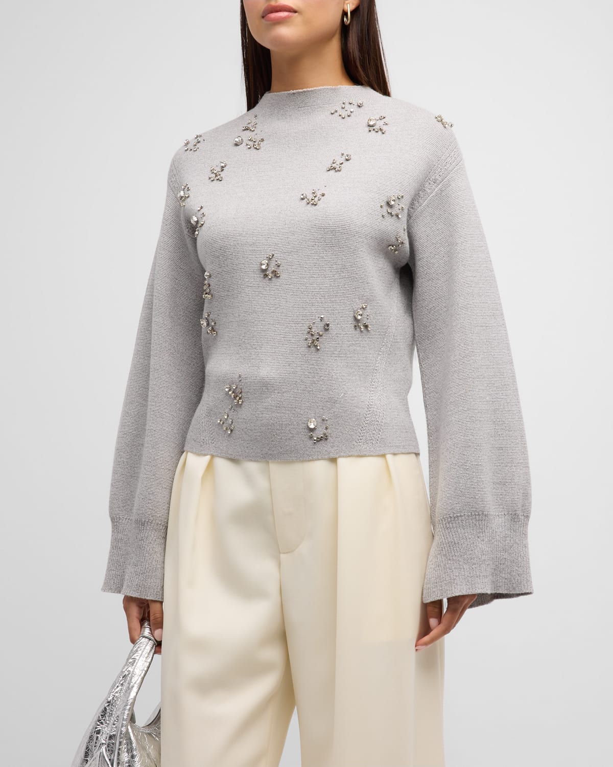 Metallic Merino Wool Embellished Mockneck Pullover Sweater