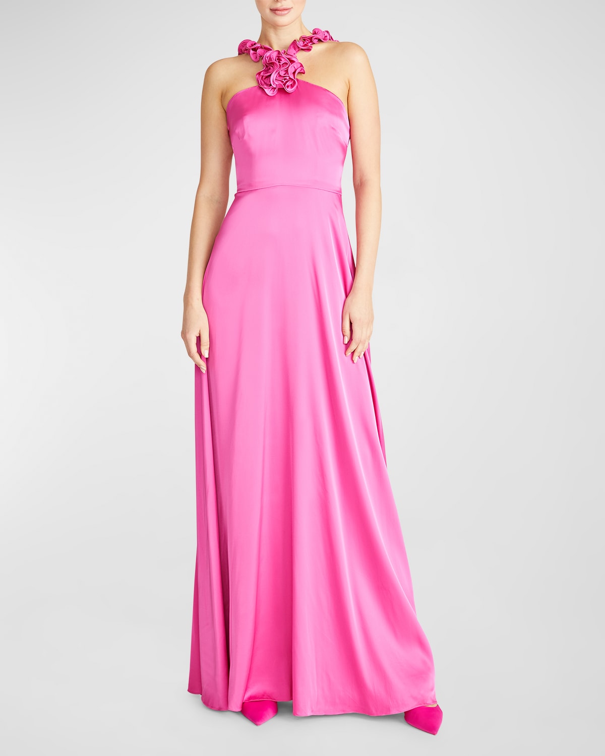 Amur Priyanka Rosette Crepe De Chine Halter Gown In Rosey