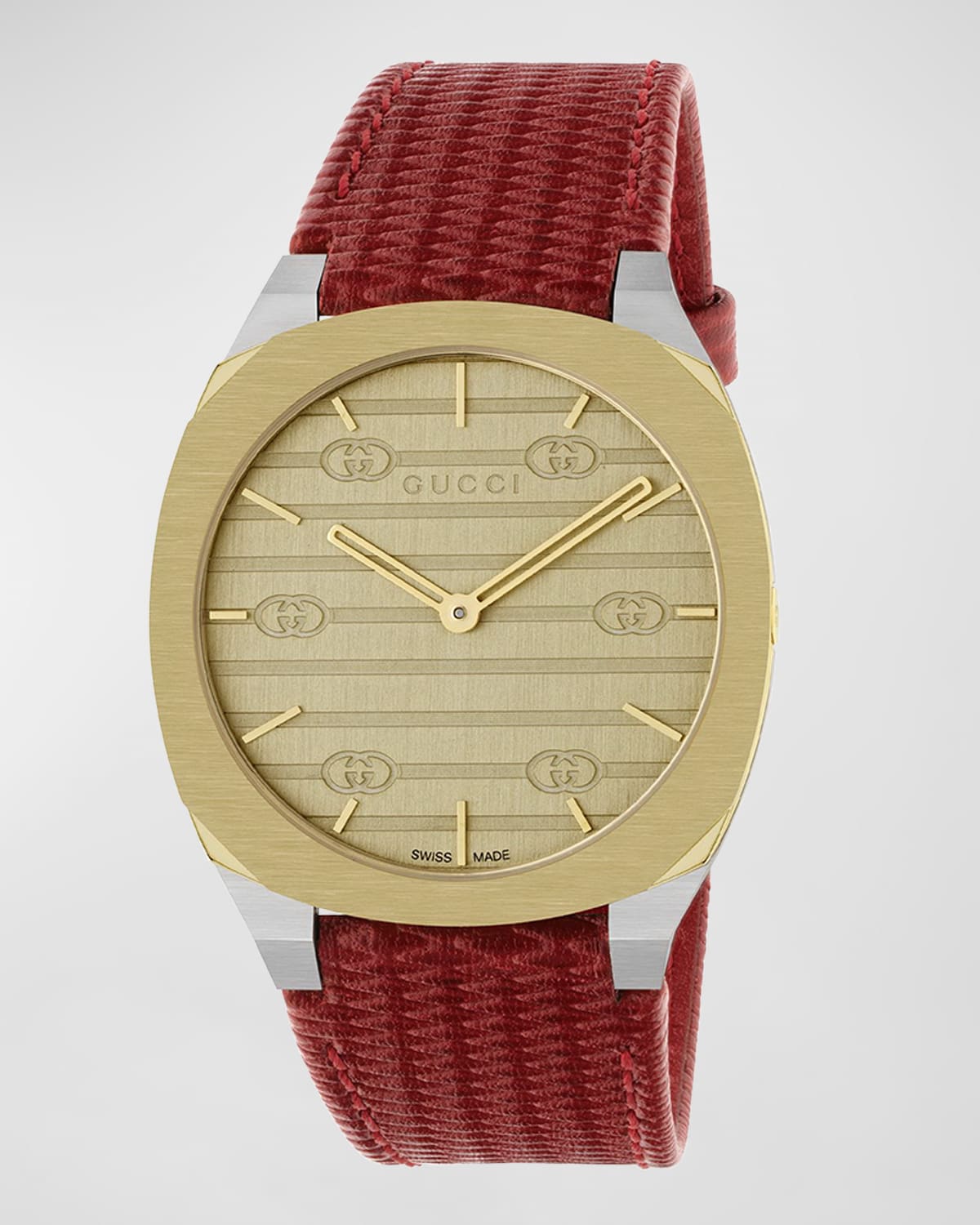 GUCCI 34MM 25H QUARTZ WATCH WITH LEATHER STRAP, RED